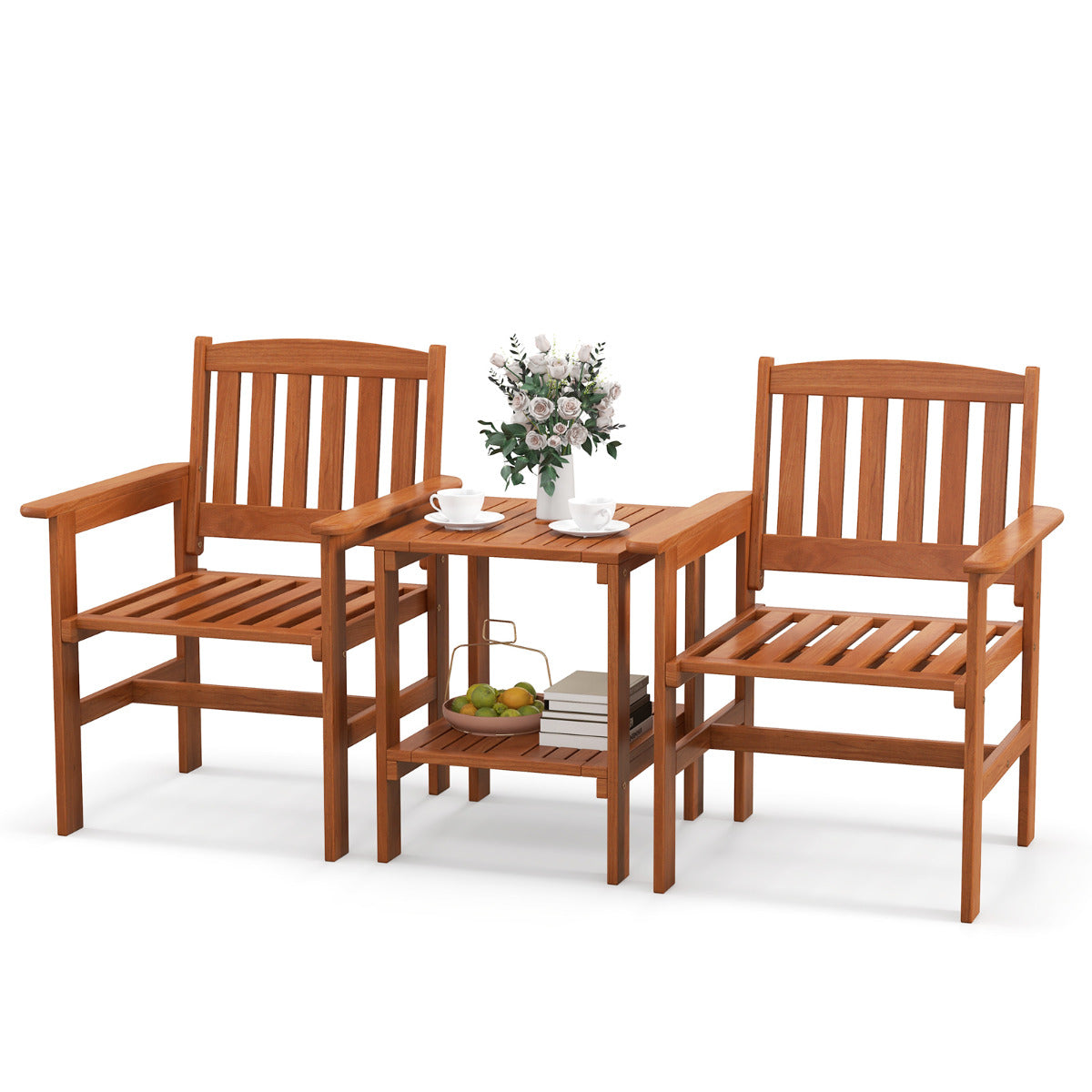 Juego de Mesa y Sillas de Bistró para Patio de 3 Piezas Asiento de Conversación de Madera para Exterior con Orificio para Sombrilla
