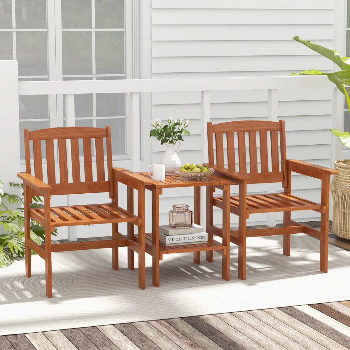 Juego de Mesa y Sillas de Bistró para Patio de 3 Piezas Asiento de Conversación de Madera para Exterior con Orificio para Sombrilla