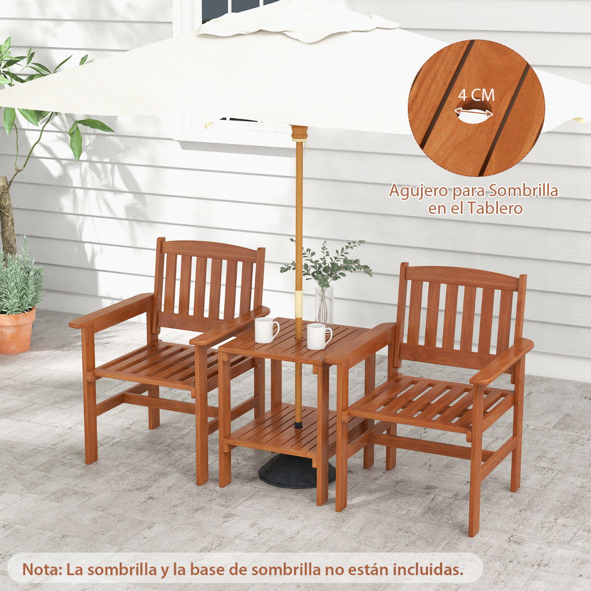 Juego de Mesa y Sillas de Bistró para Patio de 3 Piezas Asiento de Conversación de Madera para Exterior con Orificio para Sombrilla