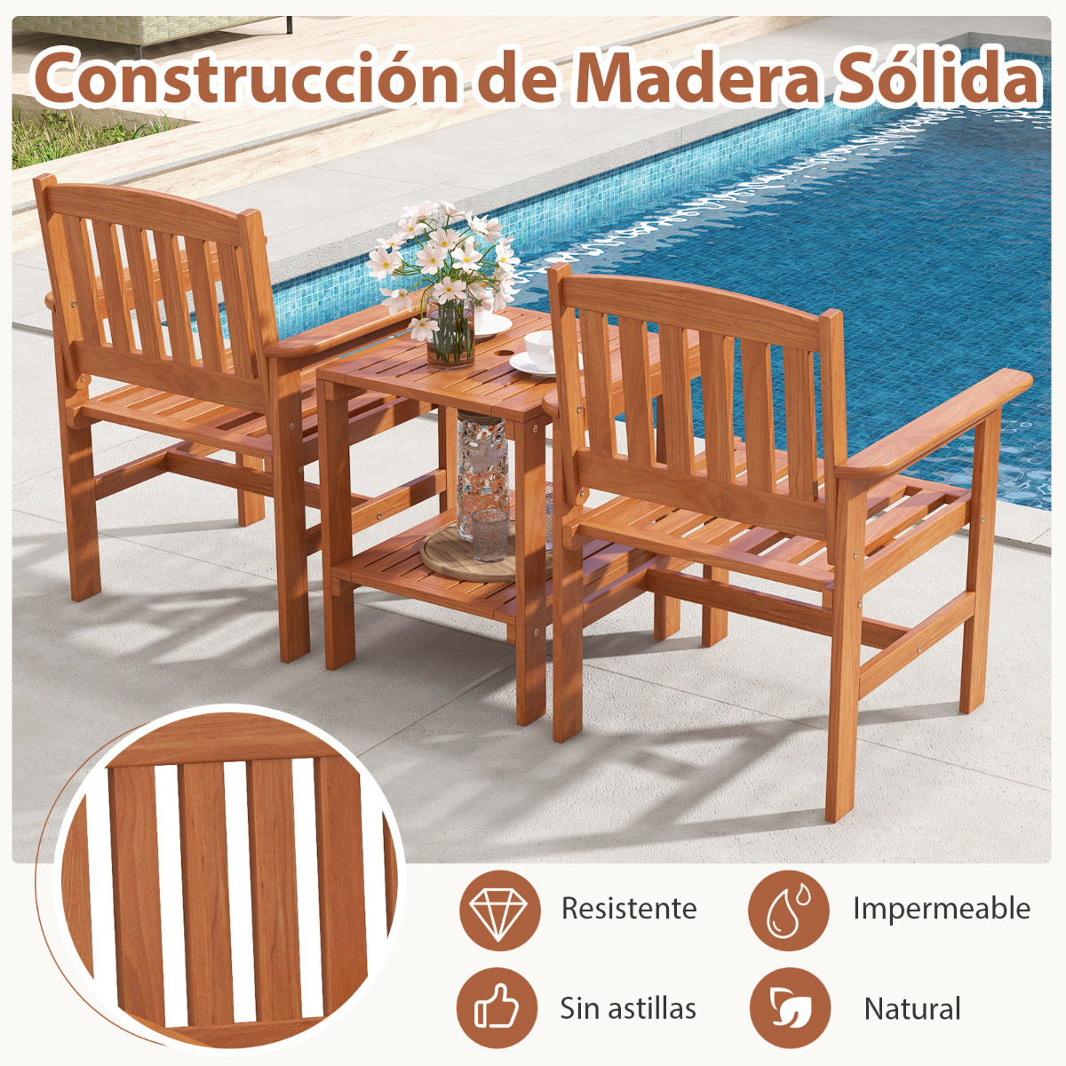 Juego de Mesa y Sillas de Bistró para Patio de 3 Piezas Asiento de Conversación de Madera para Exterior con Orificio para Sombrilla