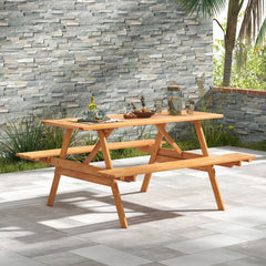 Juego de Mesa Rectangular de Playa para 6 Personas con 2 Bancos Incorporados Estructura de Madera Resistente Orificio para Sombrilla