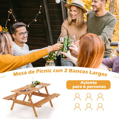 Juego de Mesa Rectangular de Playa para 6 Personas con 2 Bancos Incorporados Estructura de Madera Resistente Orificio para Sombrilla