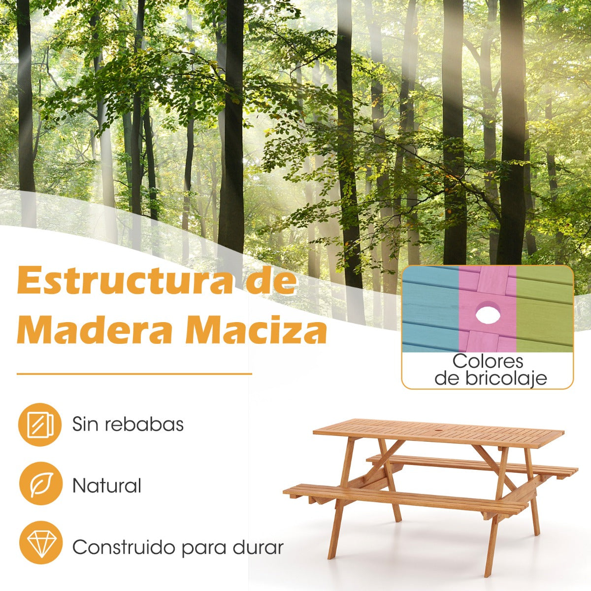 Juego de Mesa Rectangular de Playa para 6 Personas con 2 Bancos Incorporados Estructura de Madera Resistente Orificio para Sombrilla
