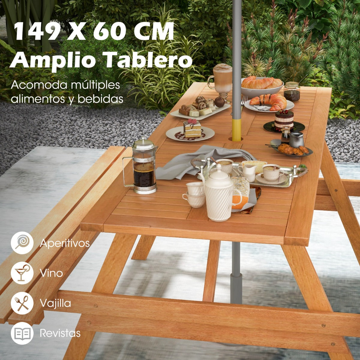 Juego de Mesa Rectangular de Playa para 6 Personas con 2 Bancos Incorporados Estructura de Madera Resistente Orificio para Sombrilla