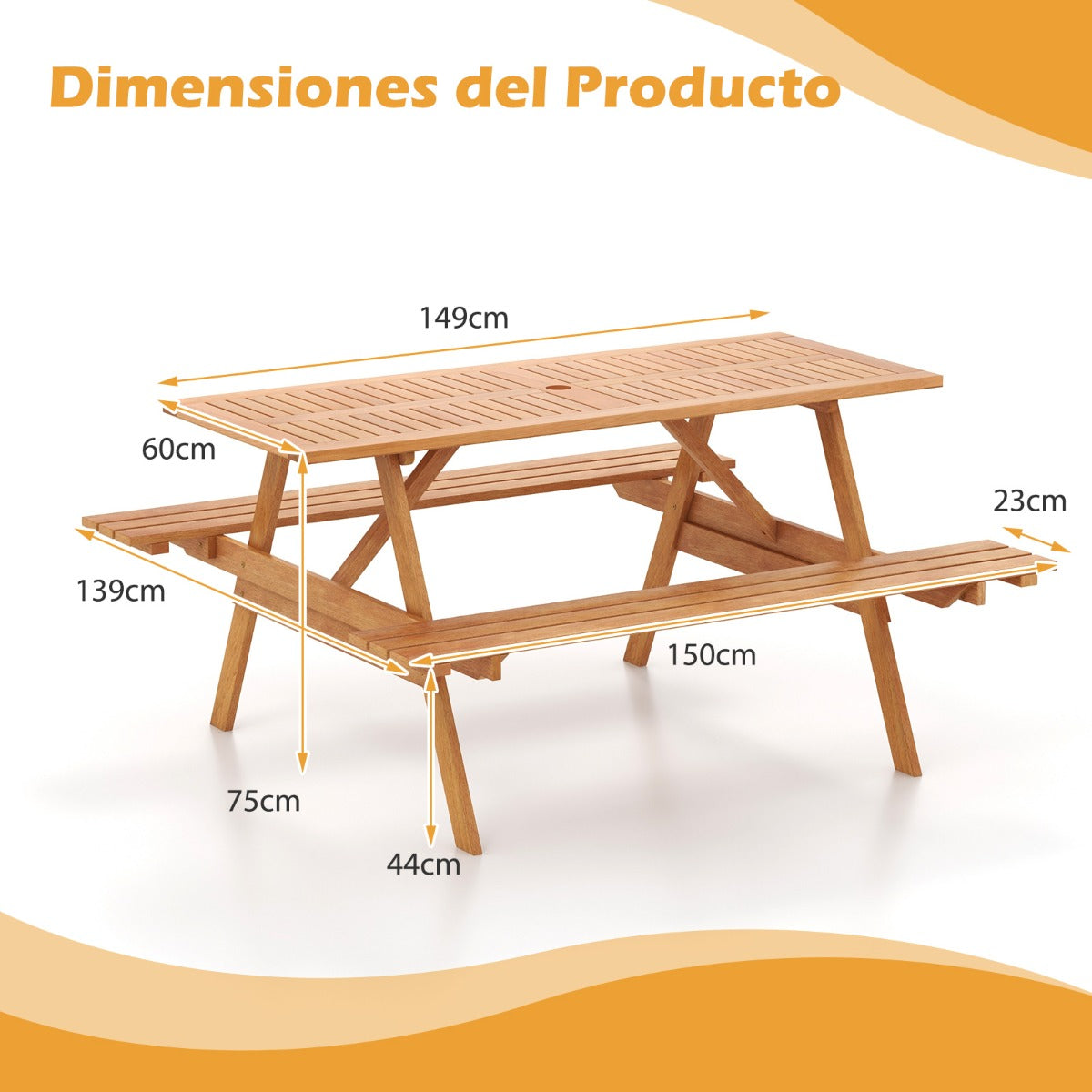Juego de Mesa Rectangular de Playa para 6 Personas con 2 Bancos Incorporados Estructura de Madera Resistente Orificio para Sombrilla