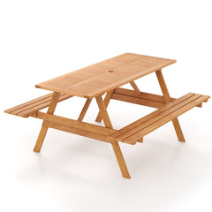 Juego de Mesa Rectangular de Playa para 6 Personas con 2 Bancos Incorporados Estructura de Madera Resistente Orificio para Sombrilla