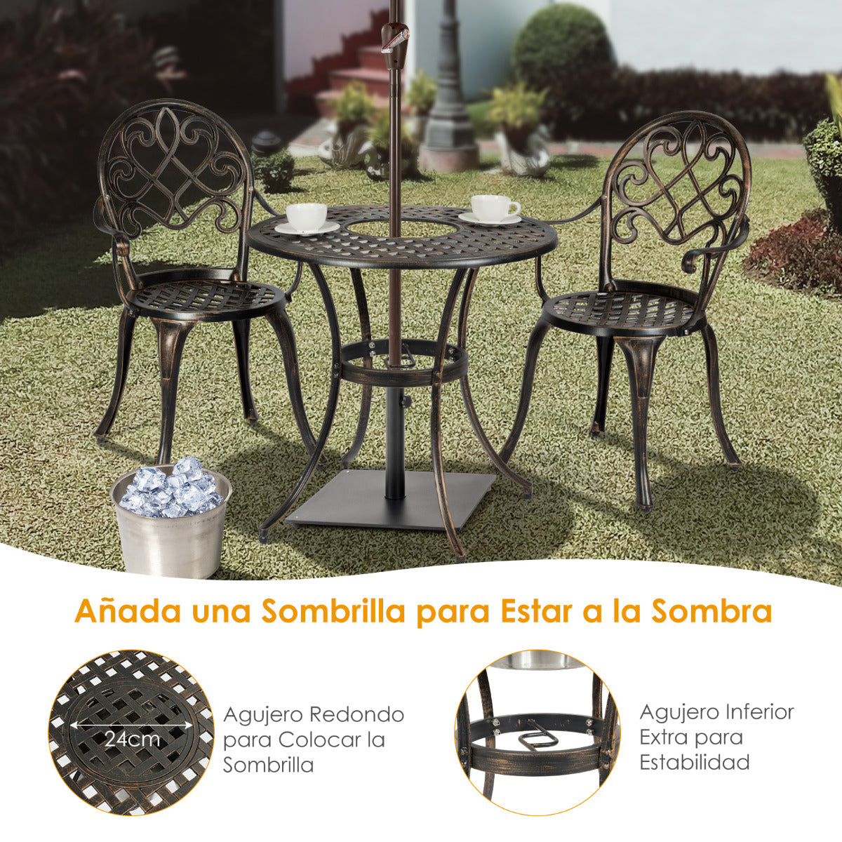 Juego de Mesa y 2 Sillas de Bistró 3 Piezas de Aluminio Fundido para Exterior con Cubeta de Hielo Removible Resistente Bronce