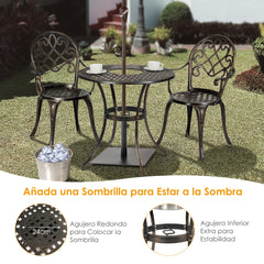 Juego de Mesa y 2 Sillas de Bistró 3 Piezas de Aluminio Fundido para Exterior con Cubeta de Hielo Removible Resistente Bronce