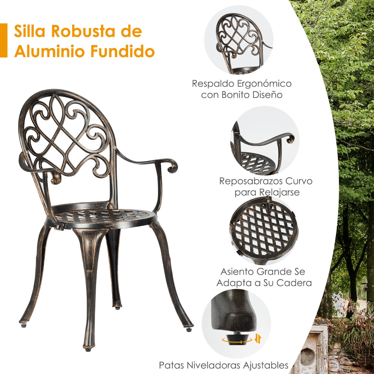 Juego de Mesa y 2 Sillas de Bistró 3 Piezas de Aluminio Fundido para Exterior con Cubeta de Hielo Removible Resistente Bronce