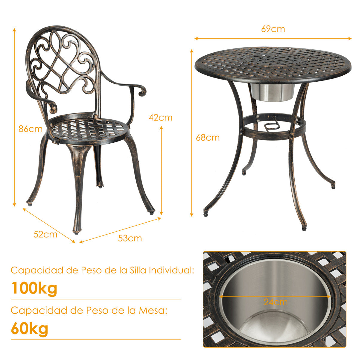 Juego de Mesa y 2 Sillas de Bistró 3 Piezas de Aluminio Fundido para Exterior con Cubeta de Hielo Removible Resistente Bronce