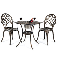 Juego de Mesa y 2 Sillas de Bistró 3 Piezas de Aluminio Fundido para Exterior con Cubeta de Hielo Removible Resistente Bronce