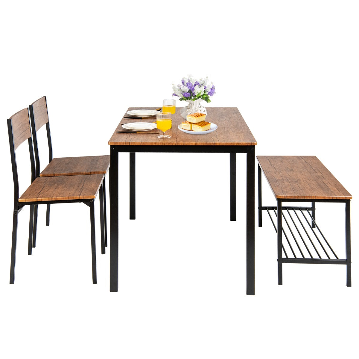Juego de Mesa de Reunión Industrial con 2 Sillas y 1 Banco Marco de Metal y Estante-Marrón claro