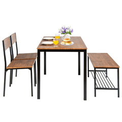 Juego de Mesa de Reunión Industrial con 2 Sillas y 1 Banco Marco de Metal y Estante-Marrón claro