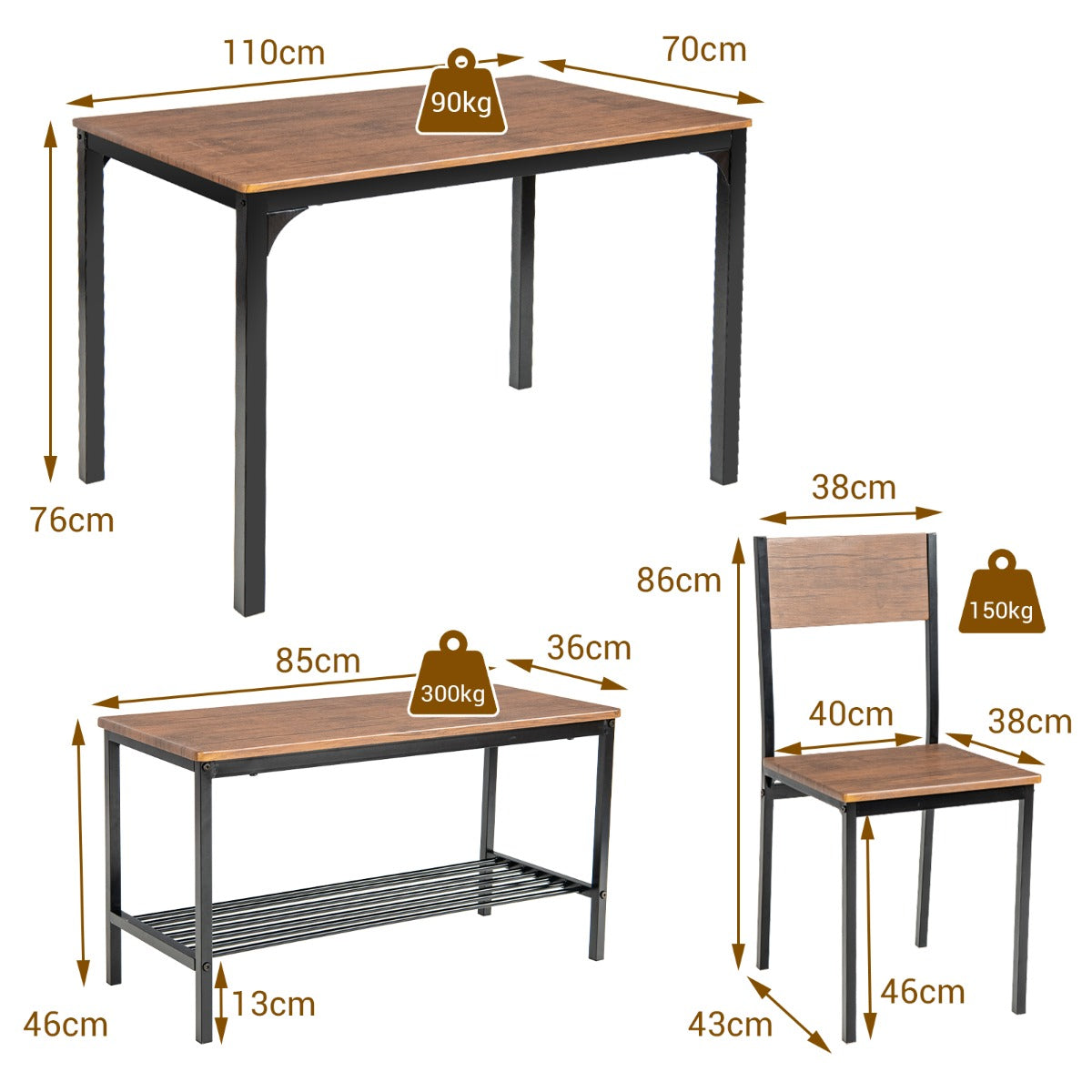 Juego de Mesa de Reunión Industrial con 2 Sillas y 1 Banco Marco de Metal y Estante-Marrón claro