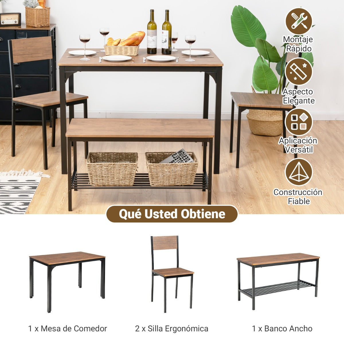 Juego de Mesa de Reunión Industrial con 2 Sillas y 1 Banco Marco de Metal y Estante-Marrón claro