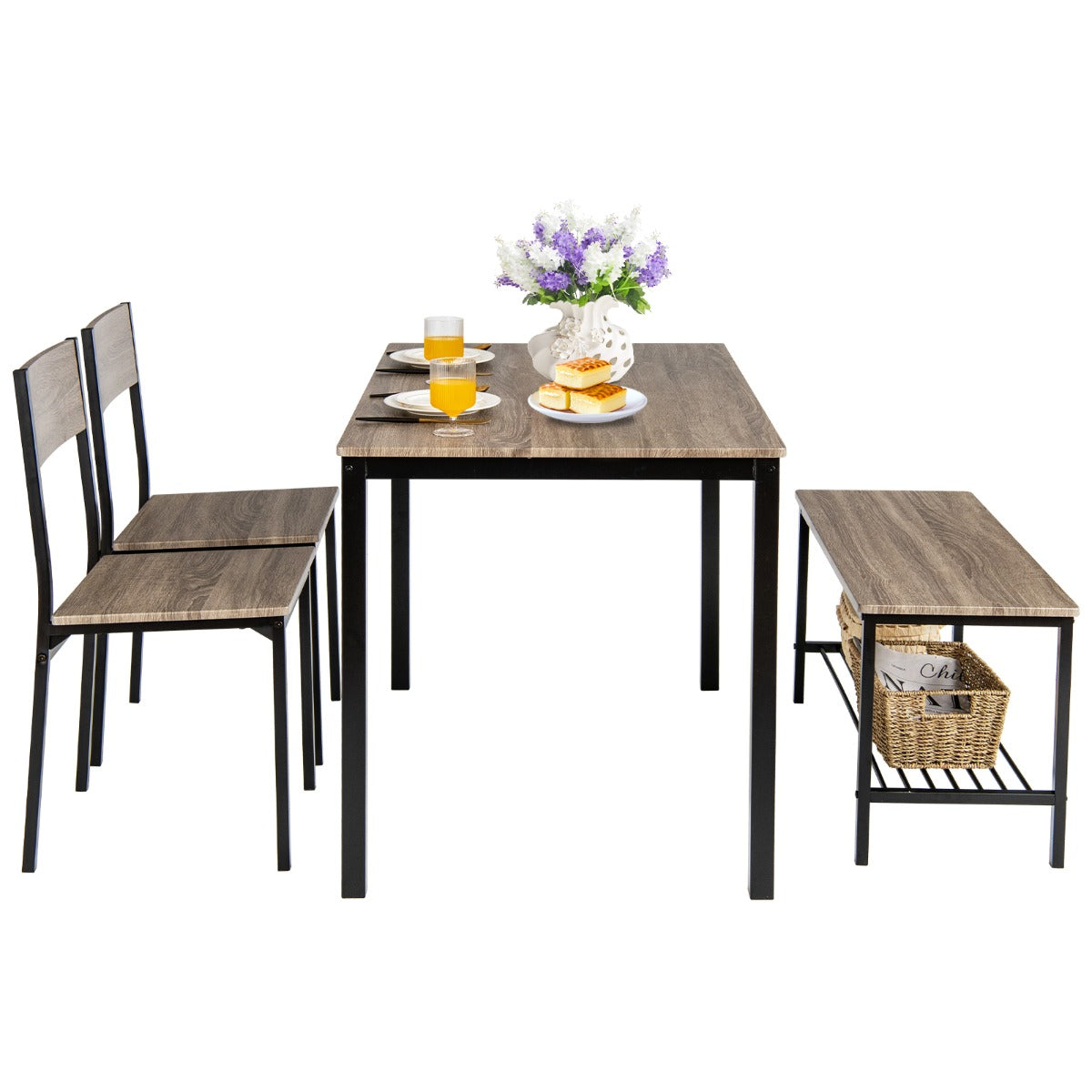 Juego de Mesa de Reunión Industrial con 2 Sillas y 1 Banco Marco de Metal y Estante-Gris