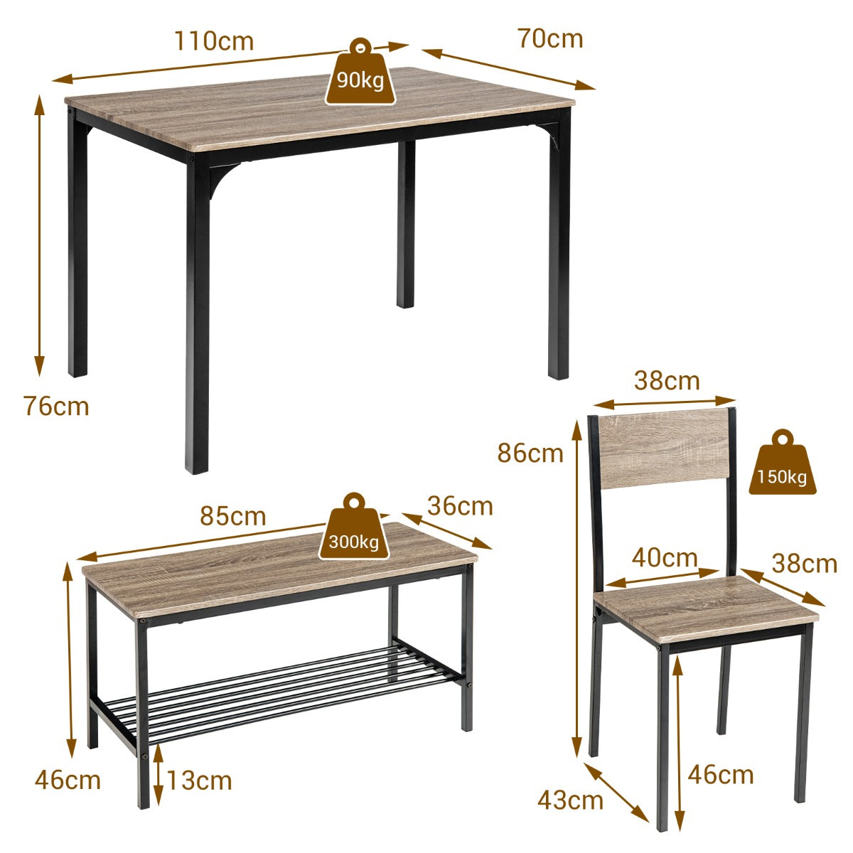 Juego de Mesa de Reunión Industrial con 2 Sillas y 1 Banco Marco de Metal y Estante-Gris