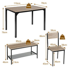 Juego de Mesa de Reunión Industrial con 2 Sillas y 1 Banco Marco de Metal y Estante-Gris