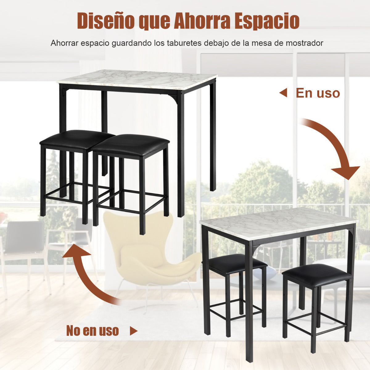 Juego de Mesa y Sillas de Comedor de 3 Piezas Mesa de Cocina 2 Taburetes de Cuero Sintético Compacto para Bar Espacios Pequeños Blanco