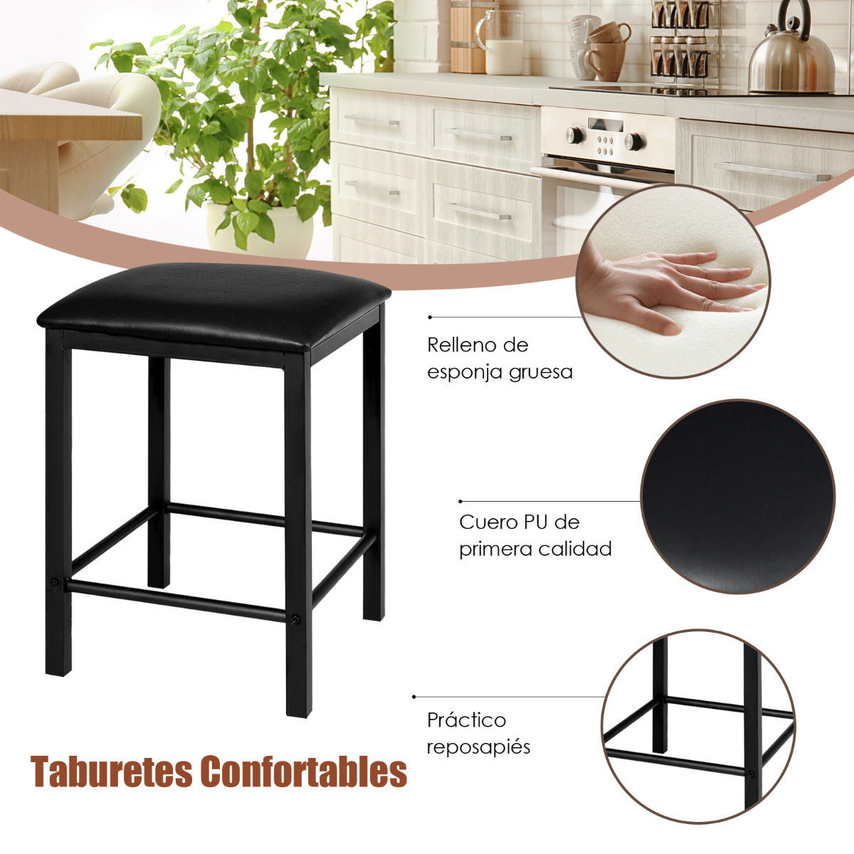 Juego de Mesa y Sillas de Comedor de 3 Piezas Mesa de Cocina 2 Taburetes de Cuero Sintético Compacto para Bar Espacios Pequeños Blanco