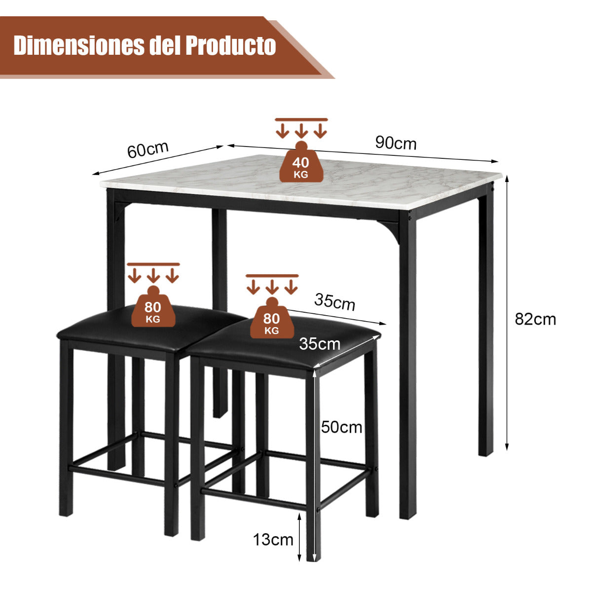 Juego de Mesa y Sillas de Comedor de 3 Piezas Mesa de Cocina 2 Taburetes de Cuero Sintético Compacto para Bar Espacios Pequeños Blanco