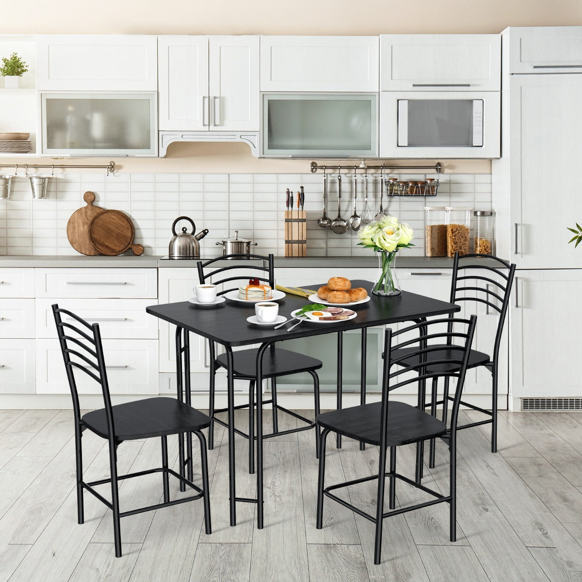 Juego de Mesa Rectangular y 4 Sillas de Comedor con Patas de Metal a Prueba de Óxido Asientos Amplios Negro