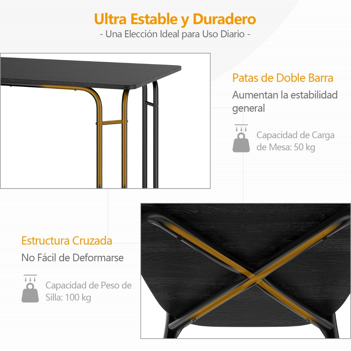 Juego de Mesa Rectangular y 4 Sillas de Comedor con Patas de Metal a Prueba de Óxido Asientos Amplios Negro