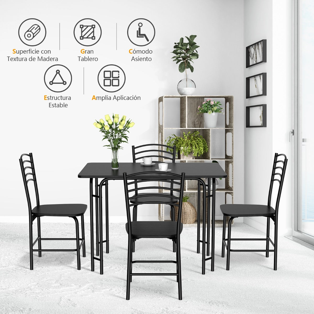 Juego de Mesa Rectangular y 4 Sillas de Comedor con Patas de Metal a Prueba de Óxido Asientos Amplios Negro
