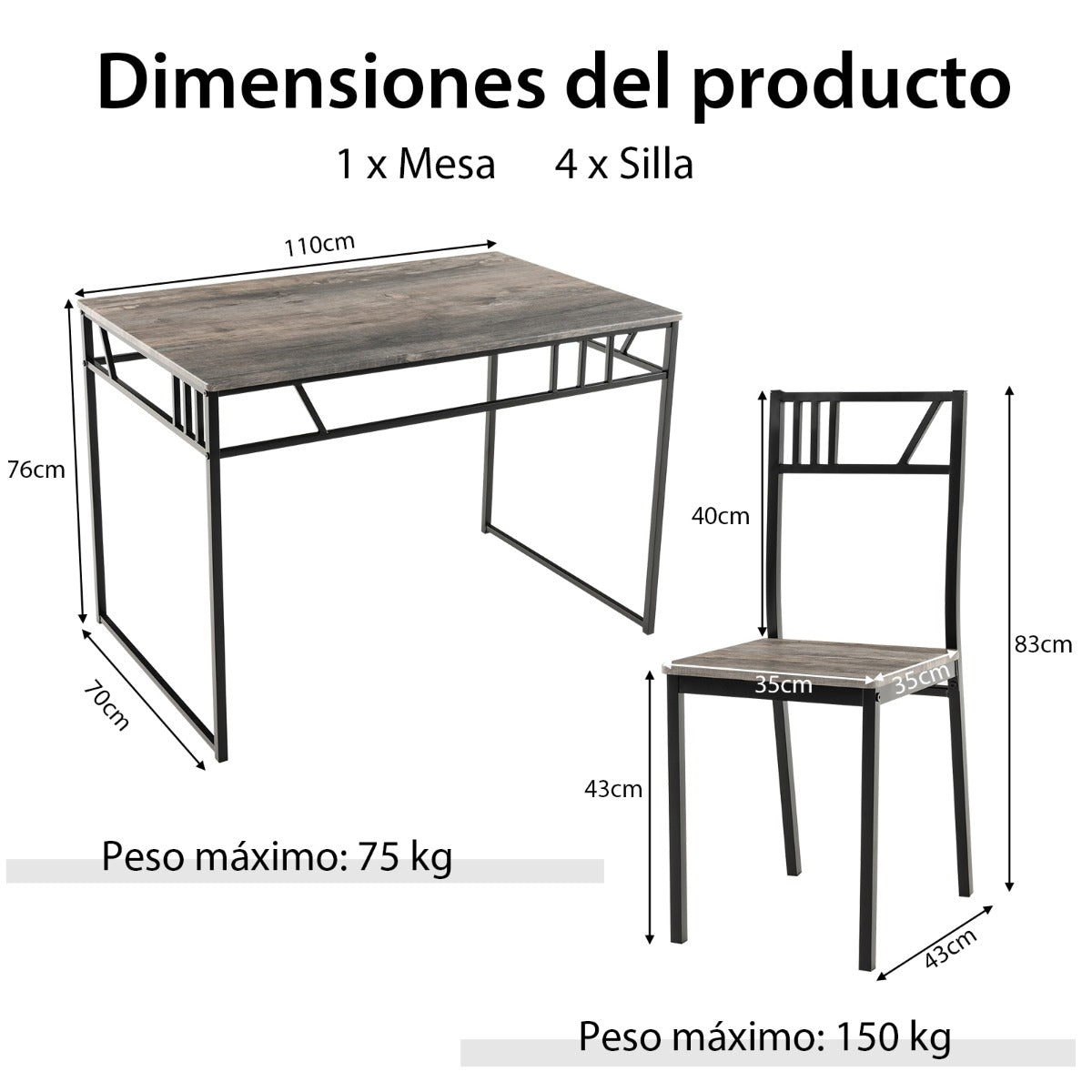 Juego de Mesa y Sillas Rectangulares para Comedor con Estructura de Metal de Estilo Industrial Gris