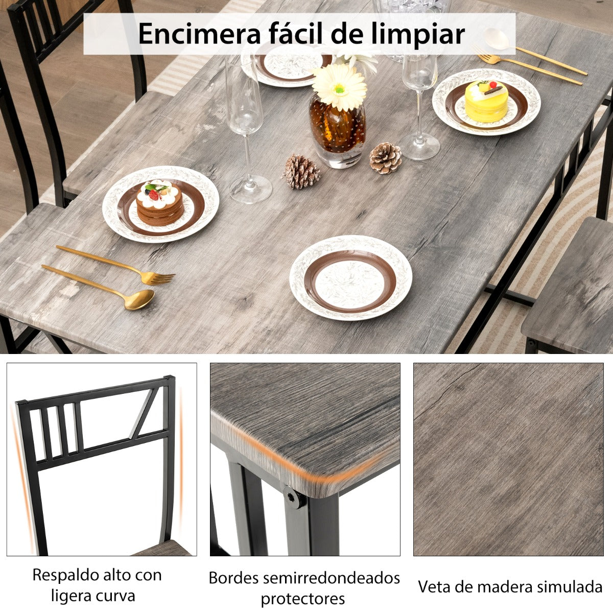 Juego de Mesa y Sillas Rectangulares para Comedor con Estructura de Metal de Estilo Industrial Gris