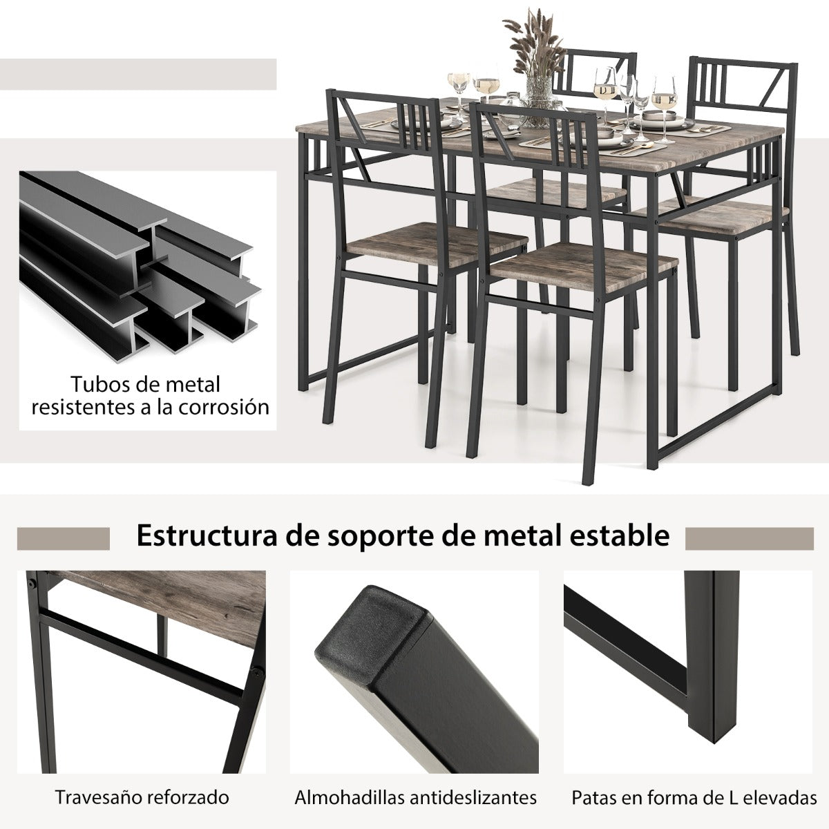 Juego de Mesa y Sillas Rectangulares para Comedor con Estructura de Metal de Estilo Industrial Gris