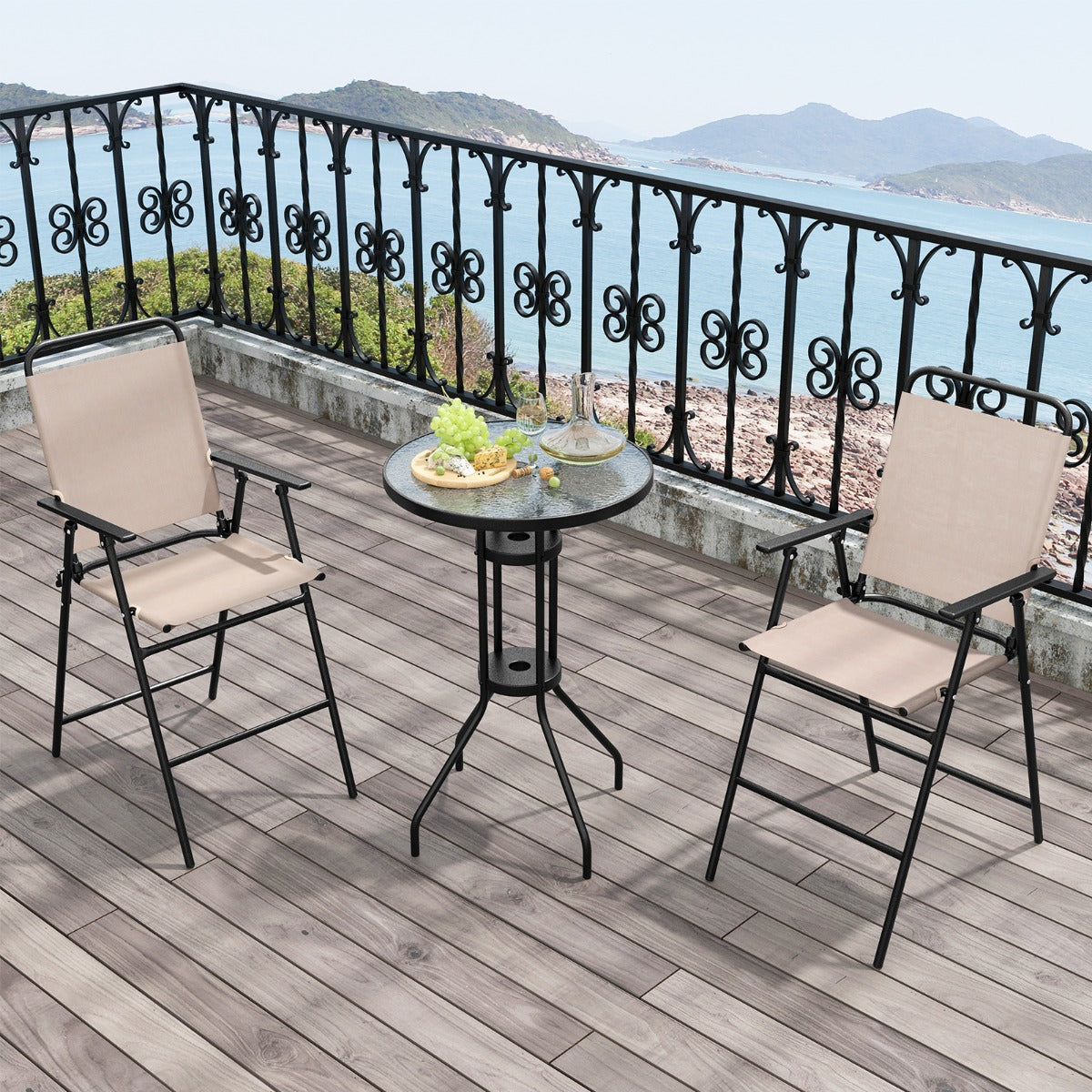 Juego de 3 Piezas de Mesa y 2 Sillas Terraza Conjunto Mesa de Vidrio Templado y Sillas Plegables para Jardín Balcón y Exterior Beige
