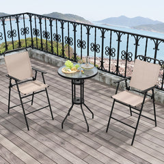 Juego de 3 Piezas de Mesa y 2 Sillas Terraza Conjunto Mesa de Vidrio Templado y Sillas Plegables para Jardín Balcón y Exterior Beige