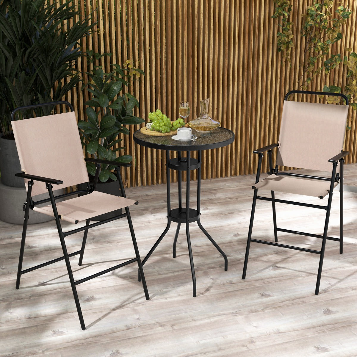 Juego de 3 Piezas de Mesa y 2 Sillas Terraza Conjunto Mesa de Vidrio Templado y Sillas Plegables para Jardín Balcón y Exterior Beige
