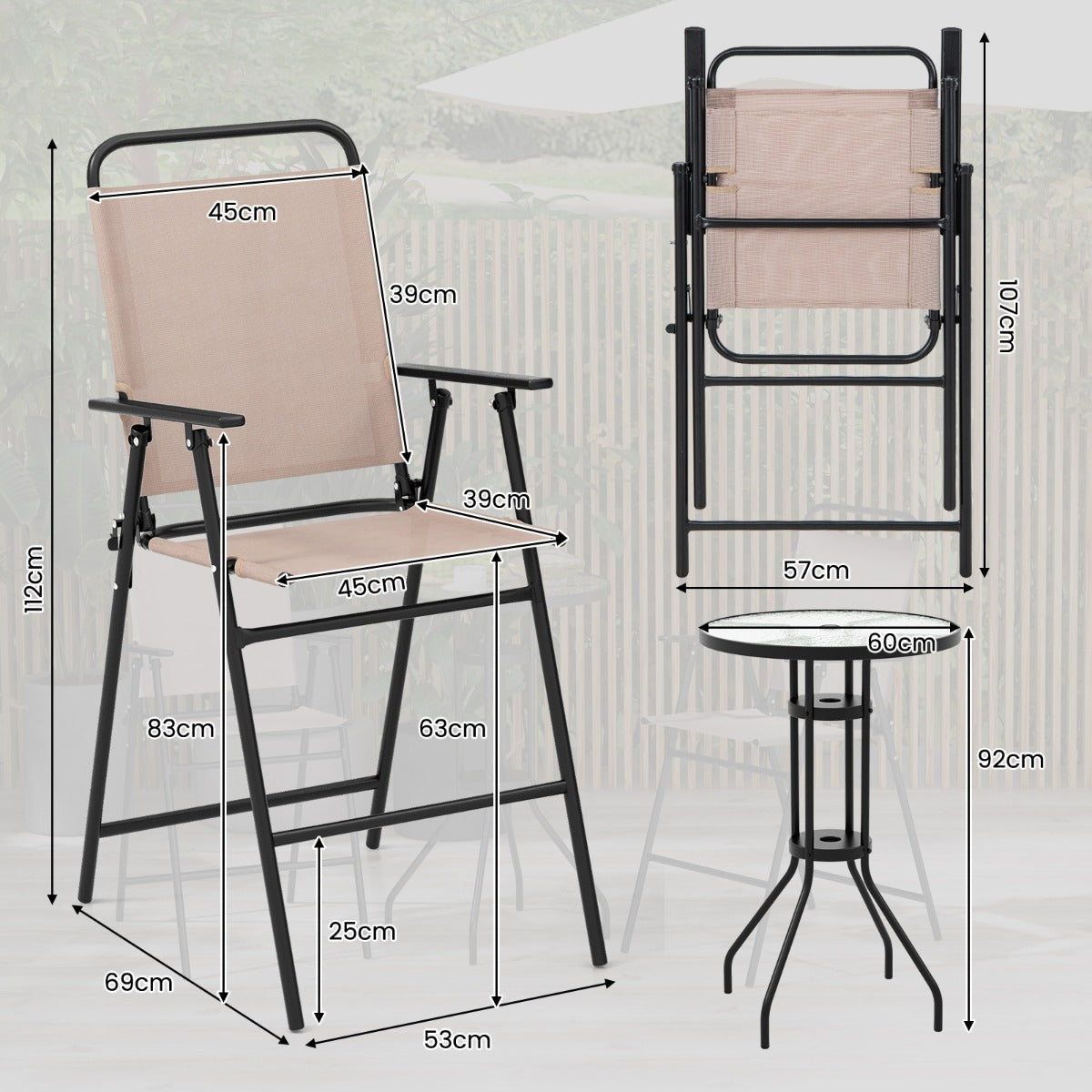 Juego de 3 Piezas de Mesa y 2 Sillas Terraza Conjunto Mesa de Vidrio Templado y Sillas Plegables para Jardín Balcón y Exterior Beige