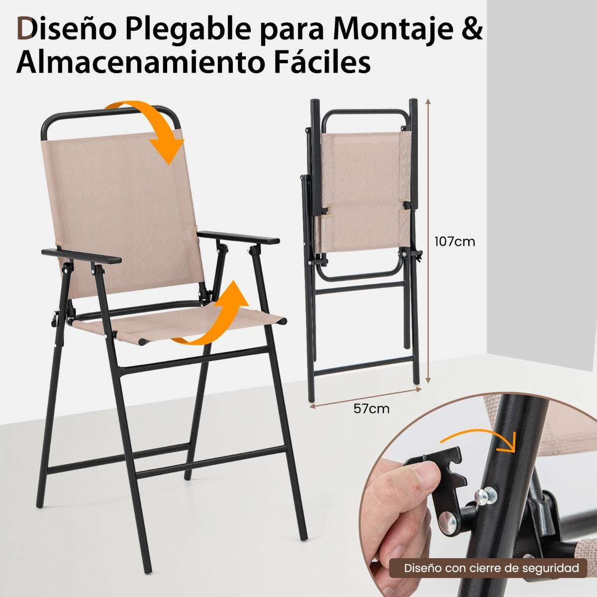 Juego de 3 Piezas de Mesa y 2 Sillas Terraza Conjunto Mesa de Vidrio Templado y Sillas Plegables para Jardín Balcón y Exterior Beige