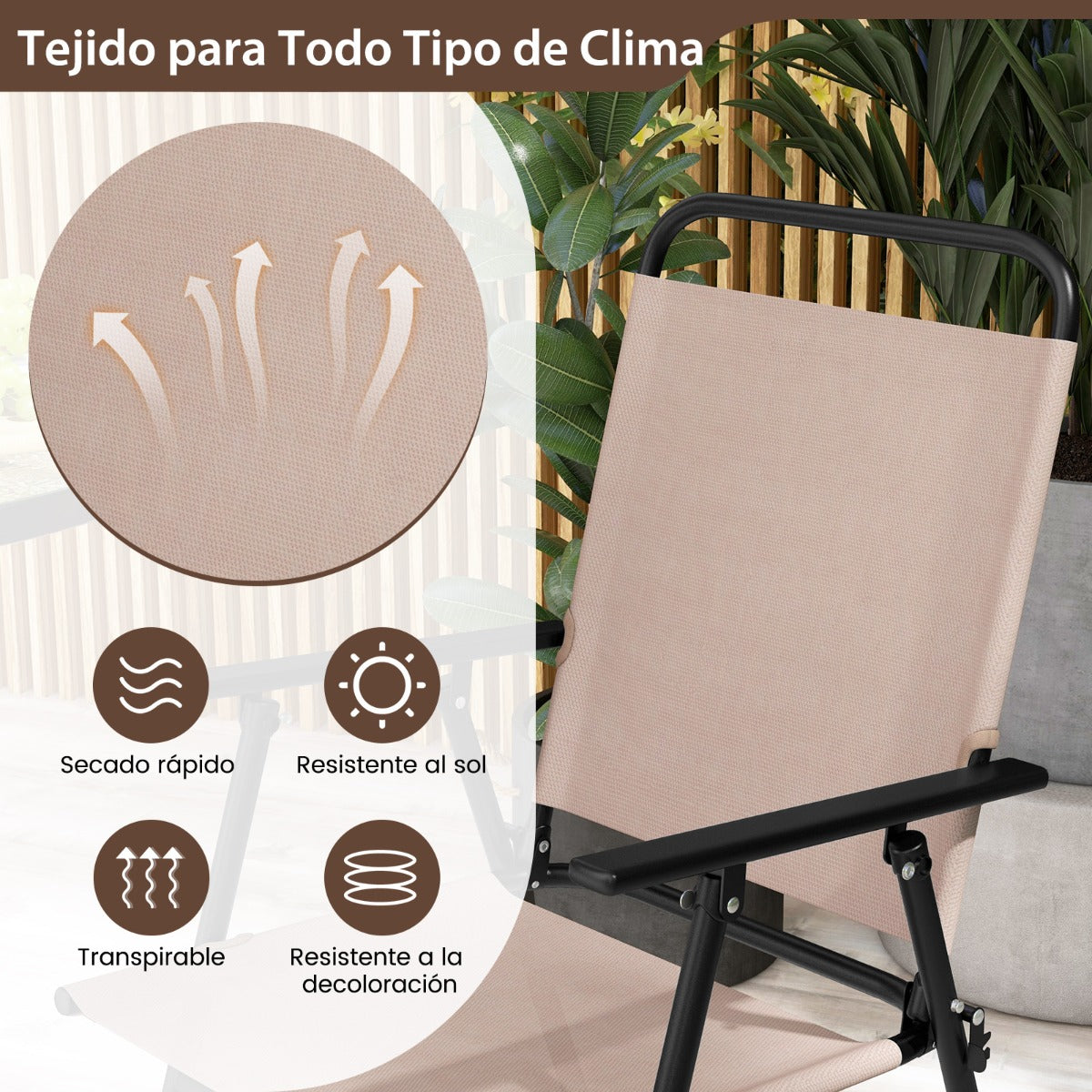Juego de 3 Piezas de Mesa y 2 Sillas Terraza Conjunto Mesa de Vidrio Templado y Sillas Plegables para Jardín Balcón y Exterior Beige