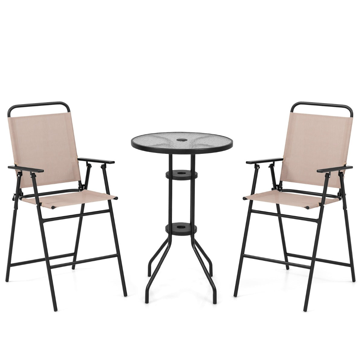 Juego de 3 Piezas de Mesa y 2 Sillas Terraza Conjunto Mesa de Vidrio Templado y Sillas Plegables para Jardín Balcón y Exterior Beige
