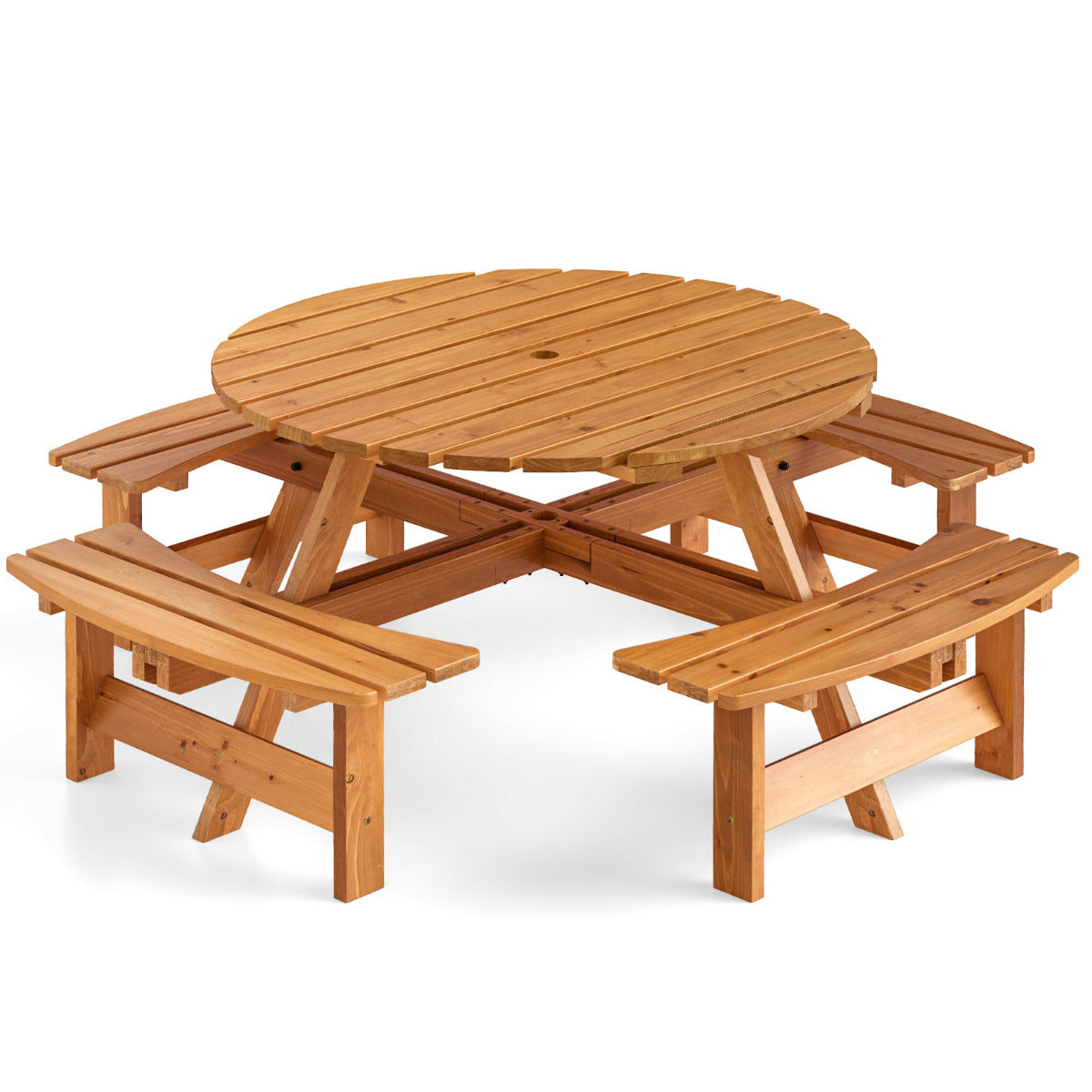 Juego de Mesa Redonda de Picnic con 4 Bancos para 8 Personas Mesa de Comedor de Patio Circular con Agujero para Sombrilla de 5 cm Amarillo