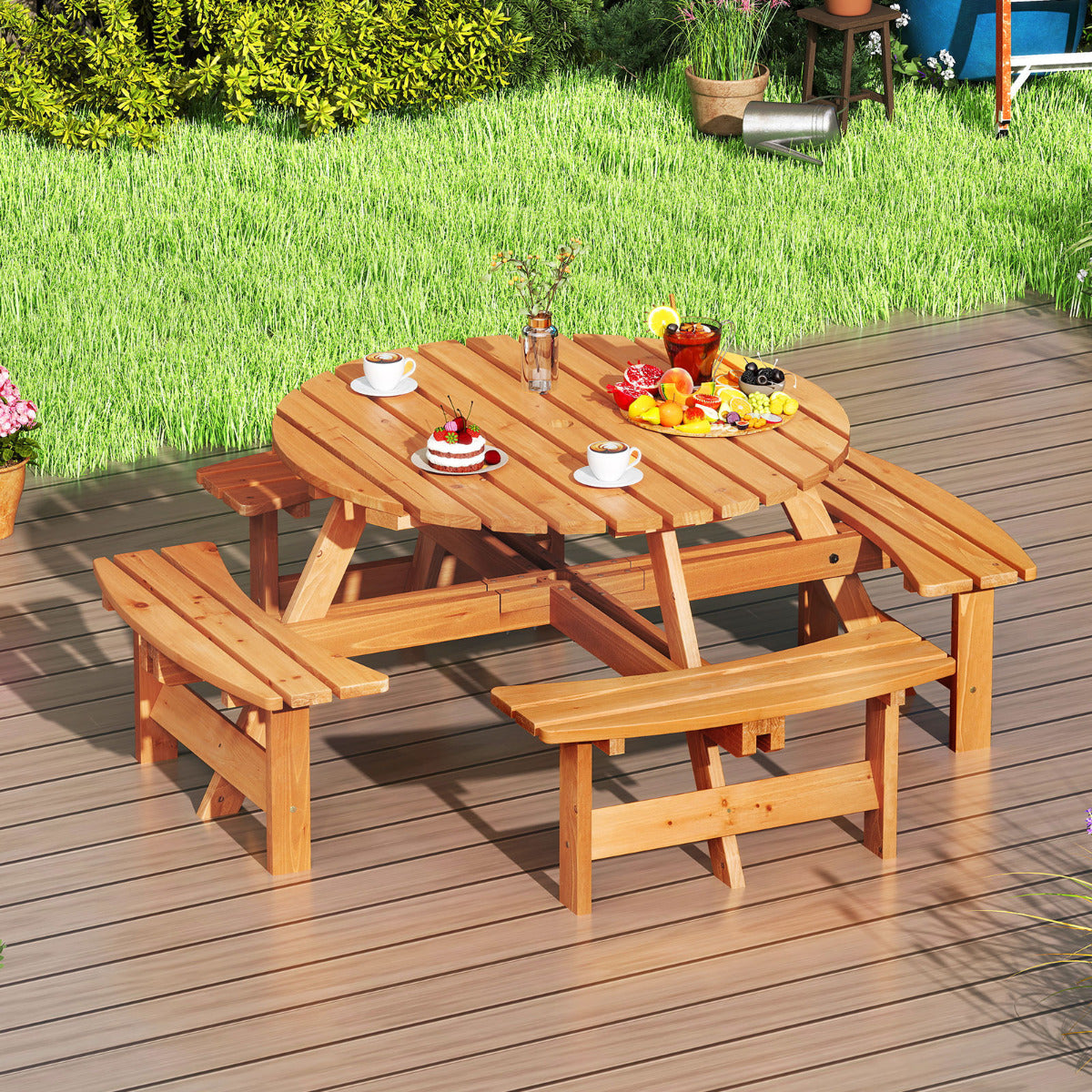Juego de Mesa Redonda de Picnic con 4 Bancos para 8 Personas Mesa de Comedor de Patio Circular con Agujero para Sombrilla de 5 cm Amarillo