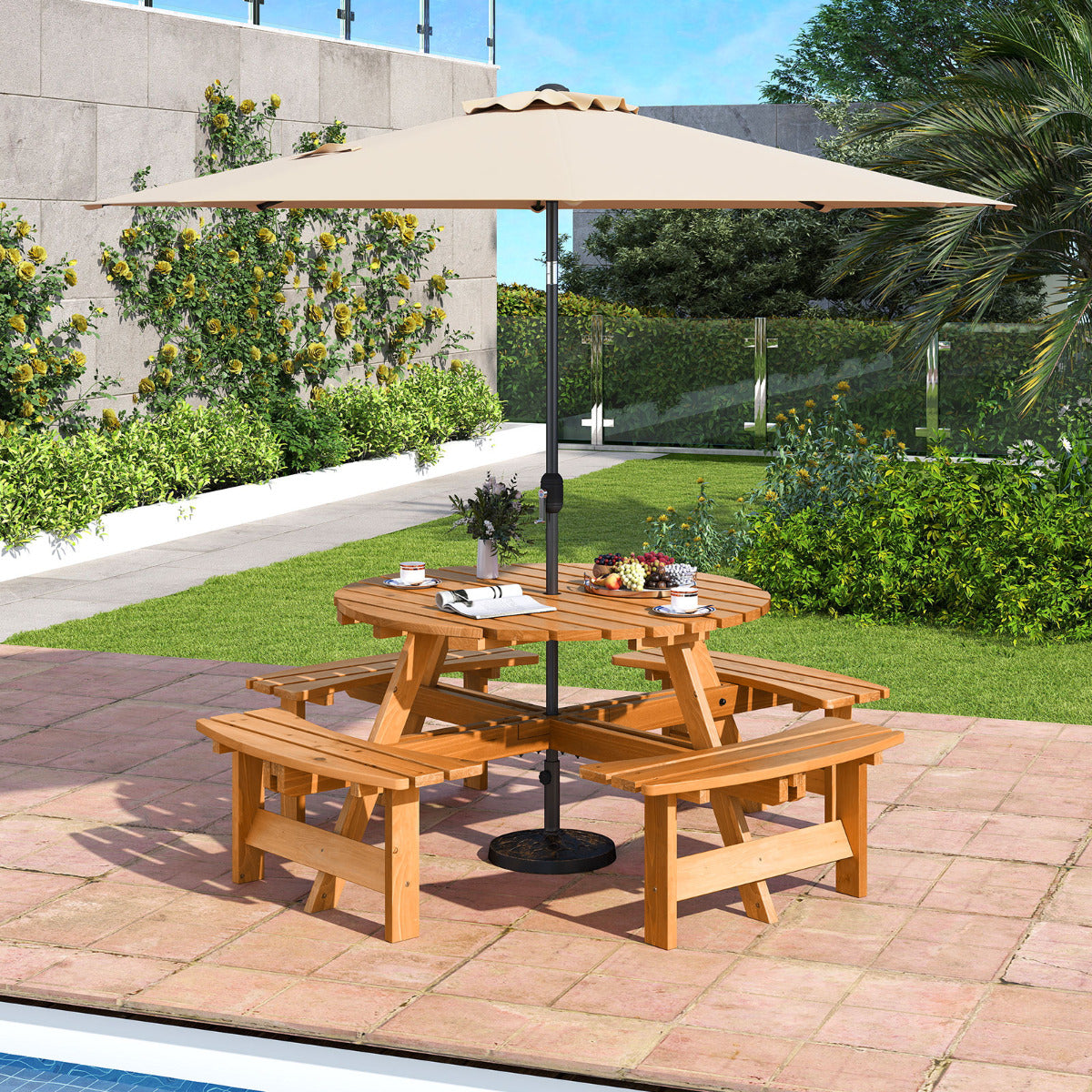 Juego de Mesa Redonda de Picnic con 4 Bancos para 8 Personas Mesa de Comedor de Patio Circular con Agujero para Sombrilla de 5 cm Amarillo