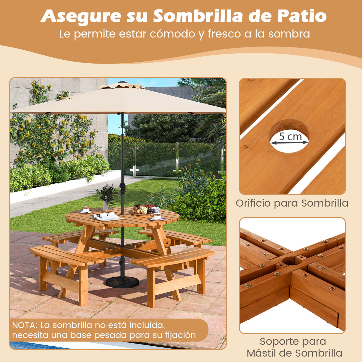 Juego de Mesa Redonda de Picnic con 4 Bancos para 8 Personas Mesa de Comedor de Patio Circular con Agujero para Sombrilla de 5 cm Amarillo