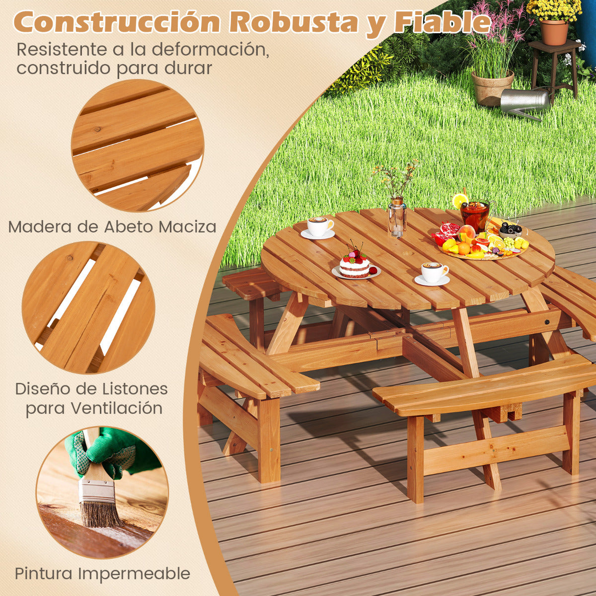 Juego de Mesa Redonda de Picnic con 4 Bancos para 8 Personas Mesa de Comedor de Patio Circular con Agujero para Sombrilla de 5 cm Amarillo