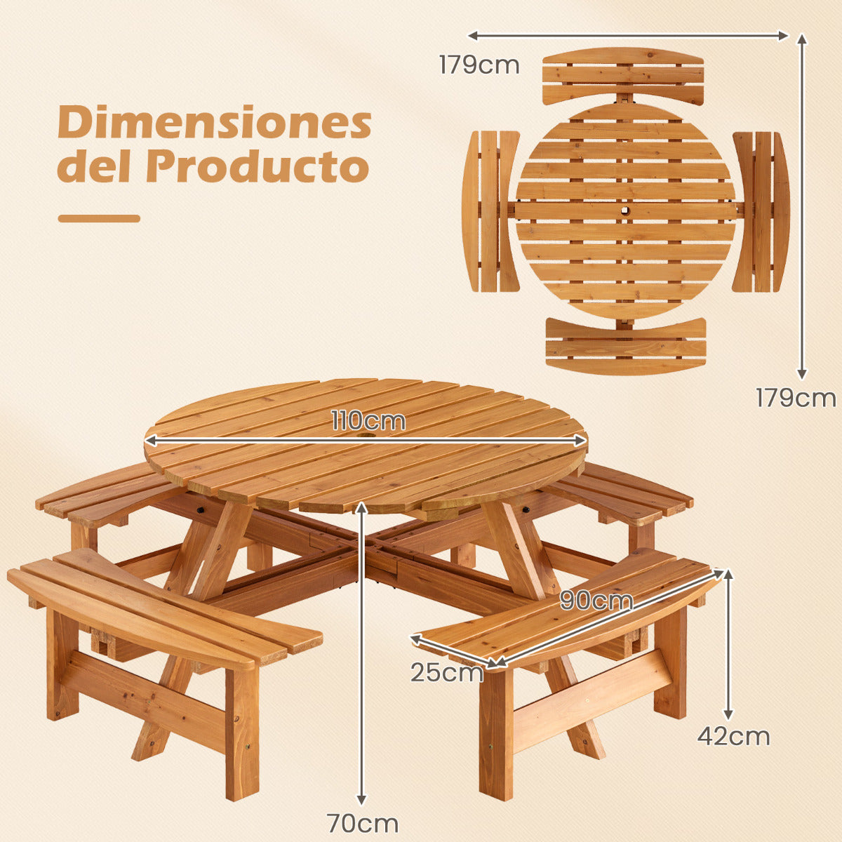 Juego de Mesa Redonda de Picnic con 4 Bancos para 8 Personas Mesa de Comedor de Patio Circular con Agujero para Sombrilla de 5 cm Amarillo