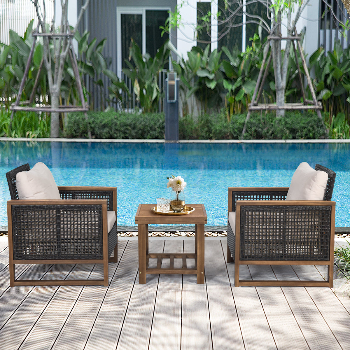 Juego de Muebles de Patio 3 Piezas 2 Sofás de Ratán PE con Mesa de Café con Cojines Lavables para Jardín Piscina Porche