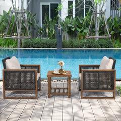 Juego de Muebles de Patio 3 Piezas 2 Sofás de Ratán PE con Mesa de Café con Cojines Lavables para Jardín Piscina Porche