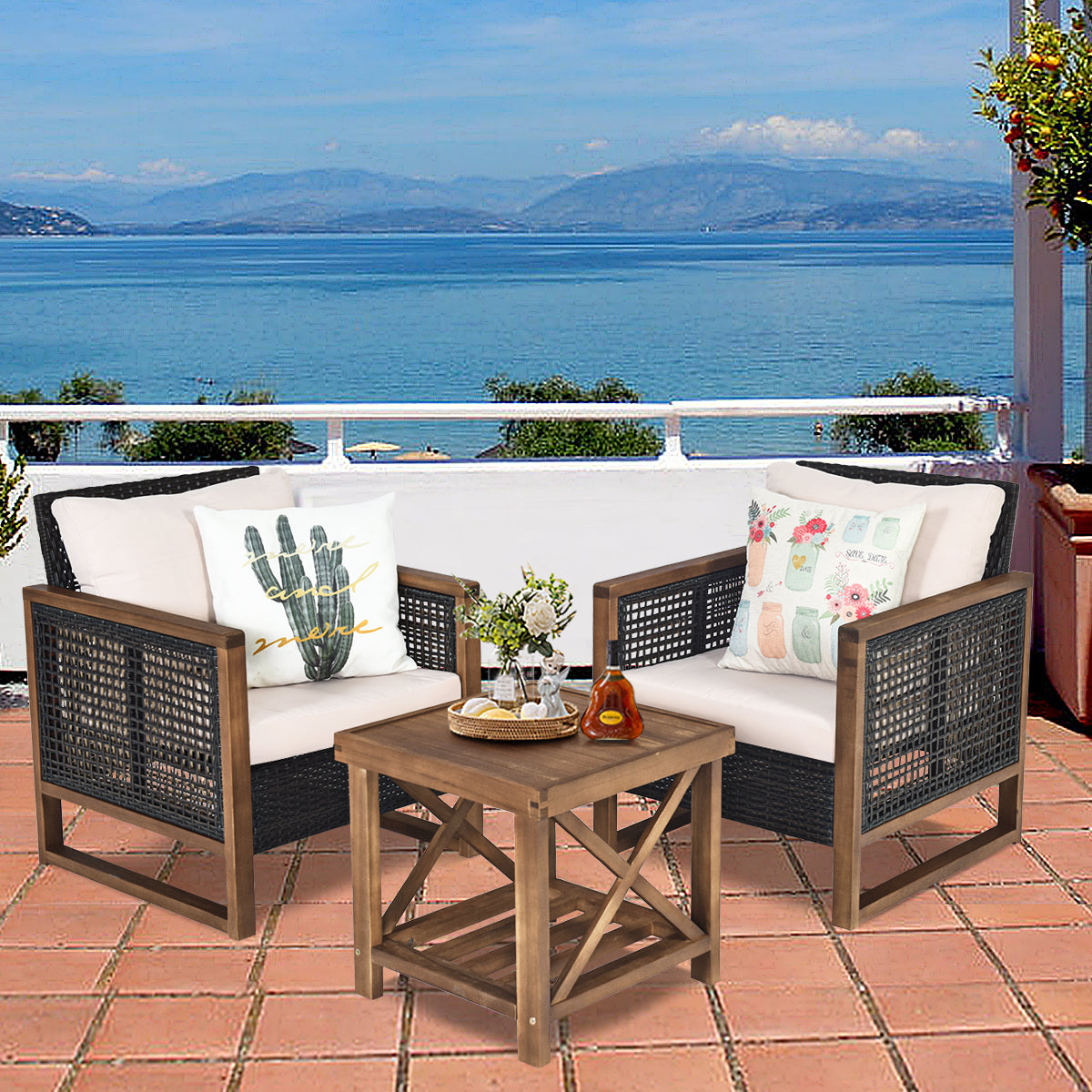 Juego de Muebles de Patio 3 Piezas 2 Sofás de Ratán PE con Mesa de Café con Cojines Lavables para Jardín Piscina Porche