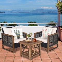 Juego de Muebles de Patio 3 Piezas 2 Sofás de Ratán PE con Mesa de Café con Cojines Lavables para Jardín Piscina Porche