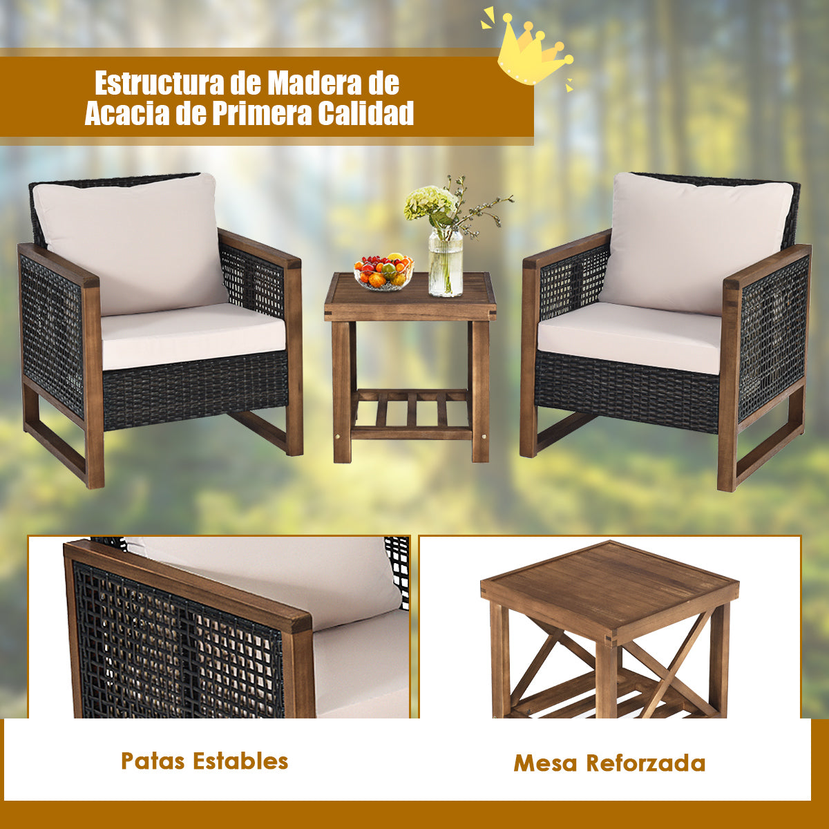 Juego de Muebles de Patio 3 Piezas 2 Sofás de Ratán PE con Mesa de Café con Cojines Lavables para Jardín Piscina Porche