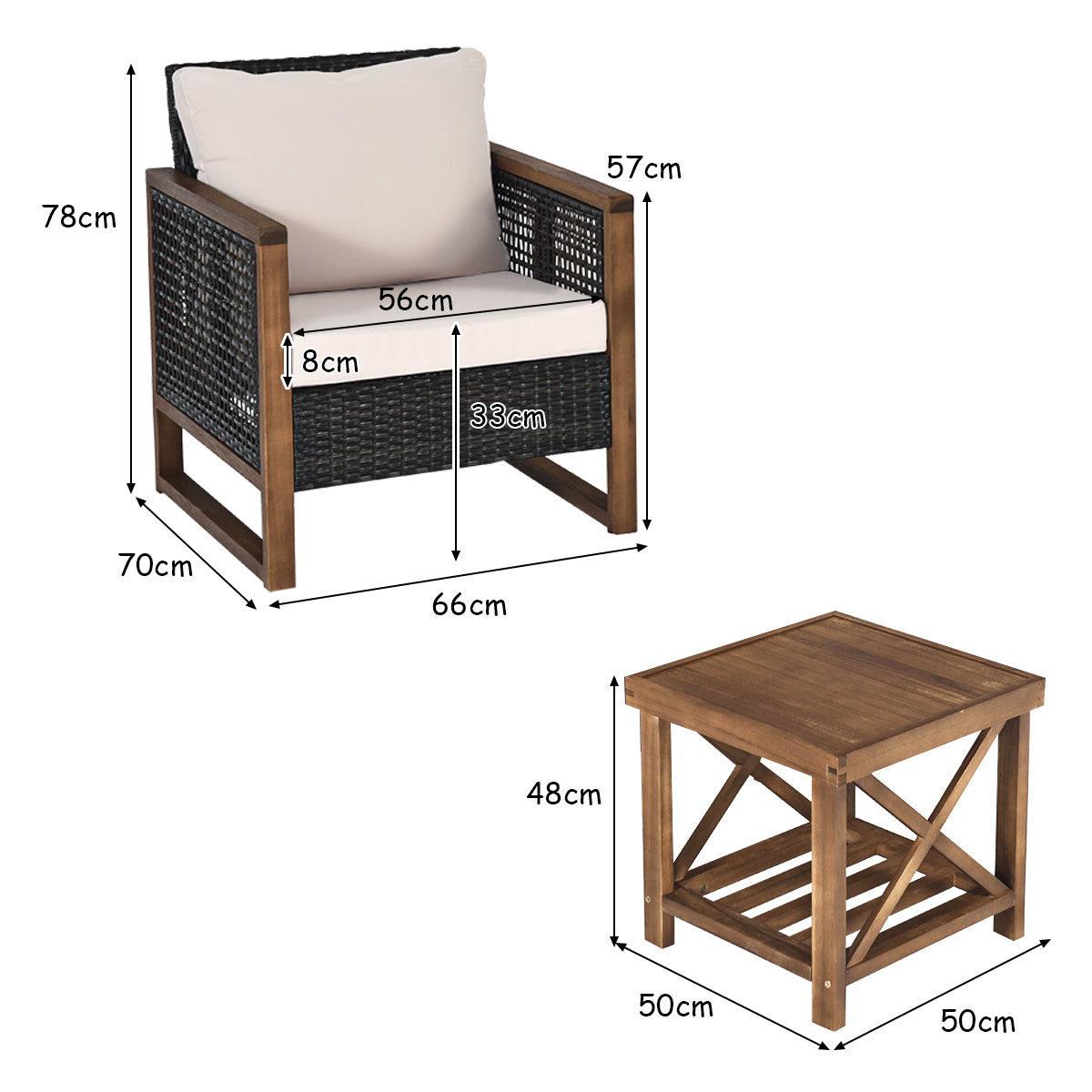 Juego de Muebles de Patio 3 Piezas 2 Sofás de Ratán PE con Mesa de Café con Cojines Lavables para Jardín Piscina Porche